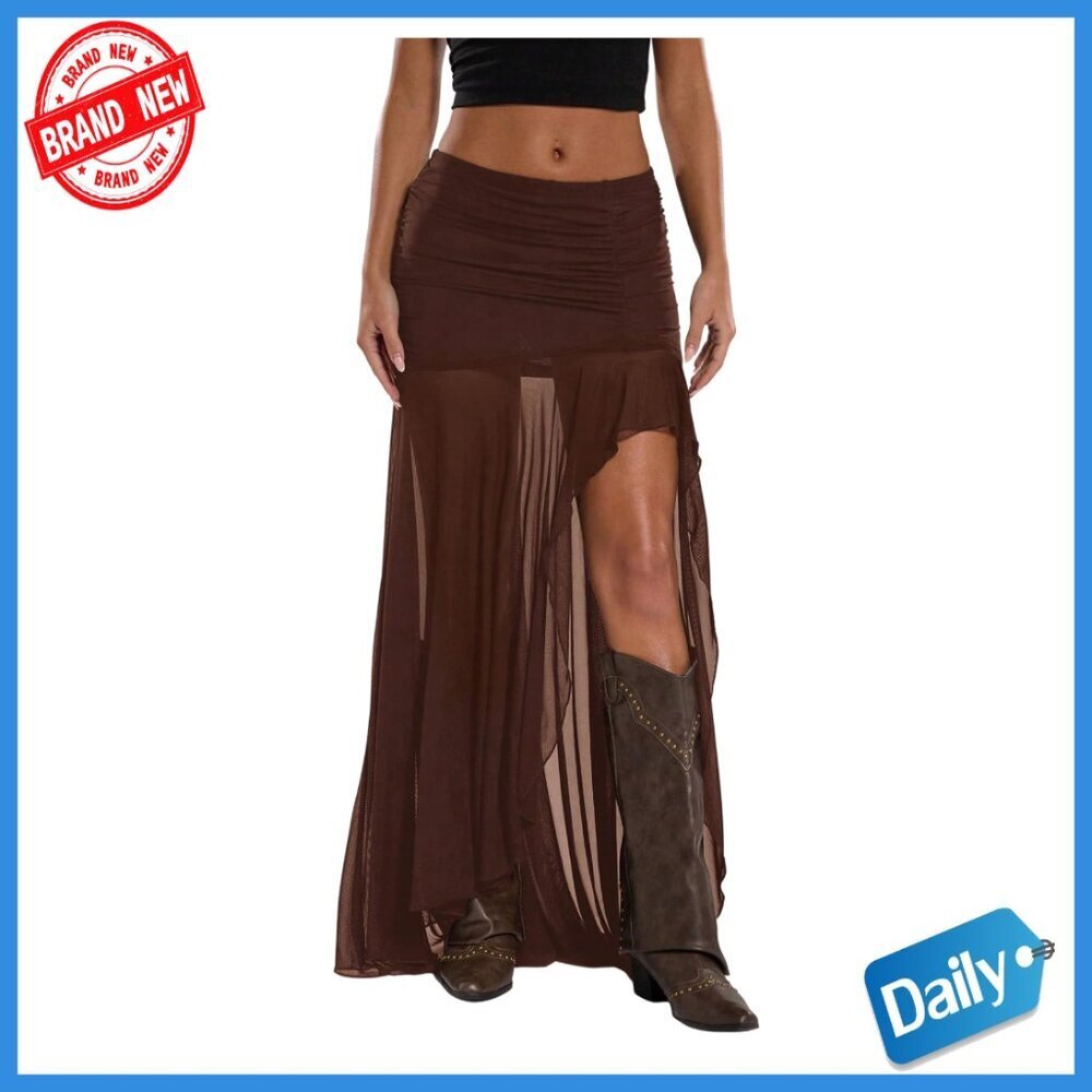 Sheer Mesh Pleated Maxi Skirt Split Thigh Asymmetrical Bodycon